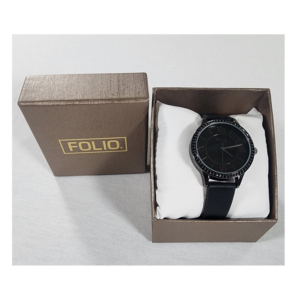 Folio Watch Men Black Vegan Leather Metal Fashion Roman Numeral Bezel Analog NEW